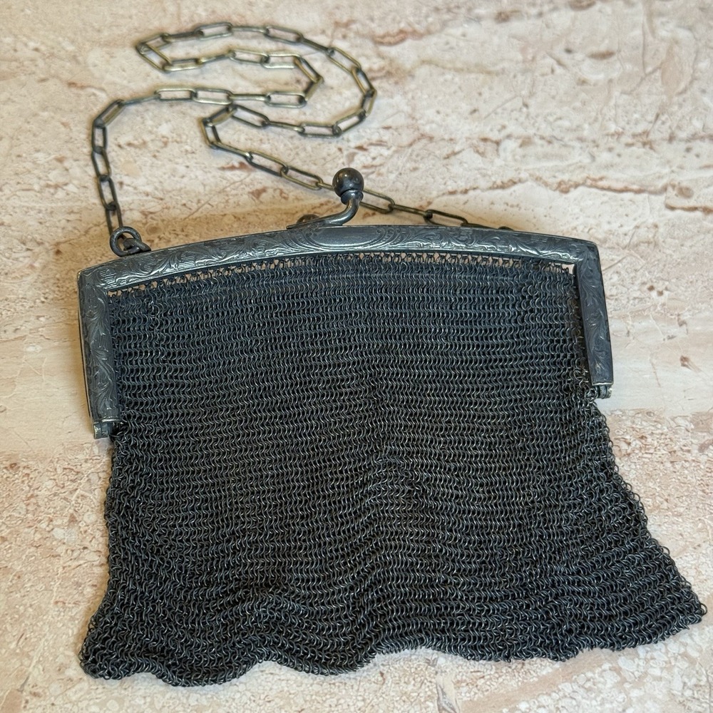 Antique German Silver Fine Mesh Evening Purse Engraved Monogram Frame c1910-20
